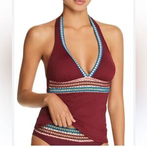 La Blanca Burgundy Halter Tankini with Vibrant Crochet Trim. NWT. Size 8